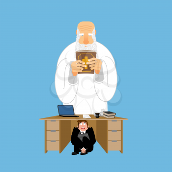 Businessman scared under table of God. frightened business man under work board. atheist. Boss fear office desk. To hide from Bible. Vector illustration