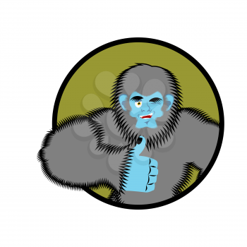 Bigfoot thumbs up. Yeti winks emoji. Abominable snowman cheerful. Vector illustration
