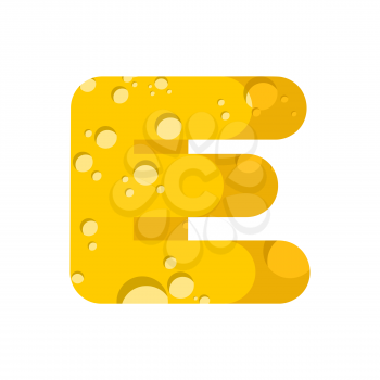 Letter E cheese font. Symbol of cheesy alphabet. Dairy Food type sign. Vector illustration
