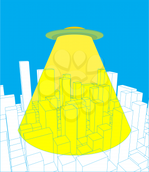 City and UFO. Abstract Skyline  and Space Invader. Industrial landscape and ALien. Vector illustration