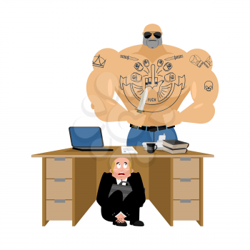 Businessman scared under table of robber. frightened business man under work board. Offender rob profit. Boss fear office desk. To hide from robbery. Vector illustration