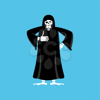 Grim reaper thumbs up. death winks. skeleton in black cloak cheerful. Vector illustration
