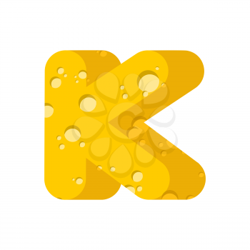 Letter K cheese font. Symbol of cheesy alphabet. Dairy Food type sign. Vector illustration
