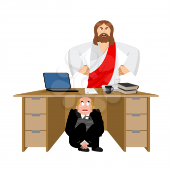 Businessman scared under table of Jesus Christ. frightened business man under work board. atheist. Boss fear office desk. To hide from God son. Vector illustration