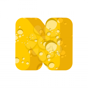 Letter N cheese font. Symbol of cheesy alphabet. Dairy Food type sign. Vector illustration
