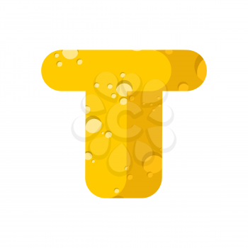 Letter T cheese font. Symbol of cheesy alphabet. Dairy Food type sign. Vector illustration
