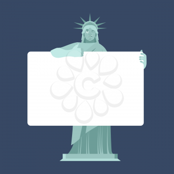Statue of Liberty holding banner blank. American character and white blank. US landmark joyful emotion. place for text. Vector illustration
