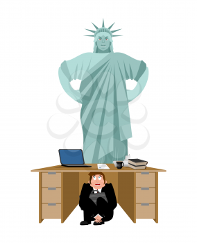 Businessman scared under table of Statue of Liberty. frightened business man under work board. Angry America. Boss fear office desk. To hide from USA. Vector illustration