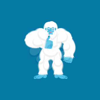 Yeti thumbs up. Bigfoot winks emoji. Abominable snowman cheerful. Vector illustration
