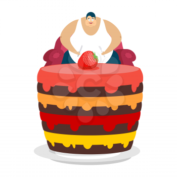 Fat guy is sitting on chair and cake. Glutton Thick man and pie. fatso vector illustration