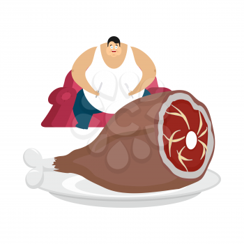 Fat guy is sitting on chair and pork. Glutton Thick man and meat with bone. Gluttony vector illustration