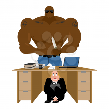 Businessman scared under table of robber. frightened business man under work board. Offender rob profit. Boss fear office desk. To hide from robbery. Vector illustration
