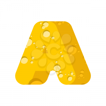 Letter A cheese font. Symbol of cheesy alphabet. Dairy Food type sign. Vector illustration
