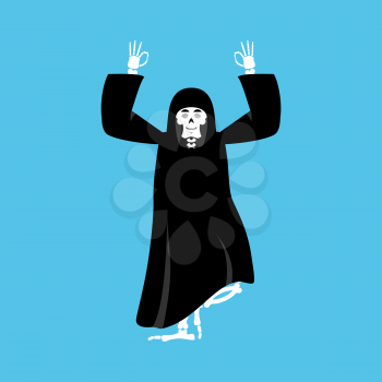 Grim reaper yoga. death yogi. skeleton in black cloak relaxation and cognition. Vector illustration
