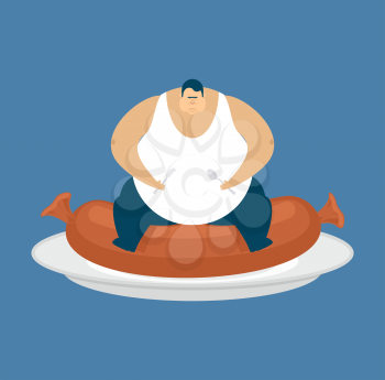 Fat guy and sausage. Glutton Thick man and food. fatso vector illustration