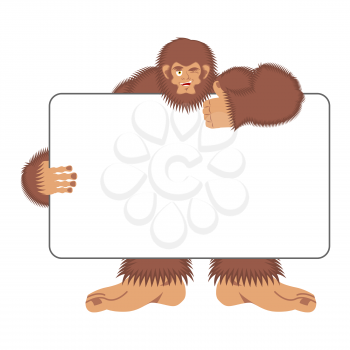 Bigfoot holding banner blank. Yeti and white blank. Abominable snowman joyful emotion. Big brown monster and place for text. Vector illustration

