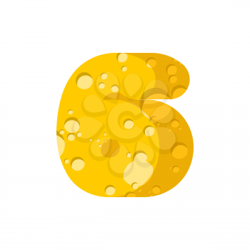Figure 6 cheese font. numeral six of cheesy alphabet. Dairy Food type sign. Vector illustration