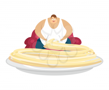 Fat guy is sitting on chair and pasta. Glutton Thick man and food. 	fatso vector illustration