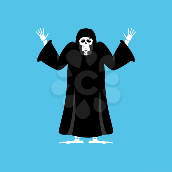 Grim reaper guilty. death oops. skeleton in black cloak surrenders. Vector illustration
