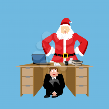 Businessman scared under table of angry Santa Claus. frightened business man under work board. To hide from Christmas. Boss fear office desk. Vector illustration