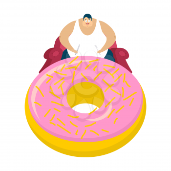 Fat guy is sitting on chair and donut. Glutton Thick man and cake. fatso vector illustration