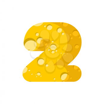 Figure 2 cheese font. numeral two of cheesy alphabet. Dairy Food type sign. Vector illustration
