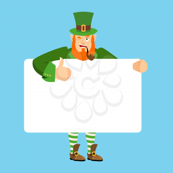 Leprechaun holding banner blank. gnome and white blank. magic grandfather joyful emotion. St.Patrick Day and place for text. Vector illustration
