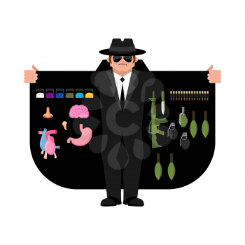 Smuggler selling Weapons and organs. Cloak-seller isolated. Dealer in hat and coat . Bootlegger. Seller prohibited goods of black marke. Legitimate trade. Vector illustration
