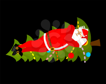 Santa Claus Sleep on Christmas tree. Sleeping grandfather. Christmas New Year illustration

