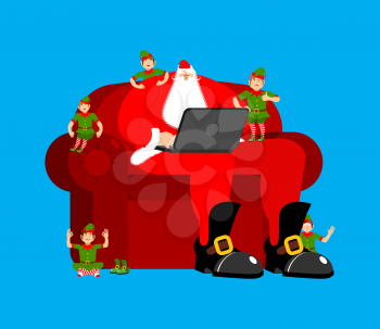 Santa Claus on chair working in laptop. Elf  helpers. Christmas work. New Year illustration
