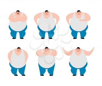 Fat set poses and motion. Stout guy happy and yoga. Big man sleeping and angry. guilty and sad. Vector illustration