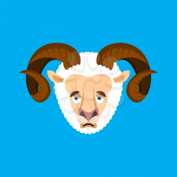 Ram sad face avatar. Sheep Farm animal sorrowful emoji. Vector illustration
