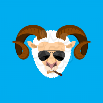 Ram Cool serious avatar of emotions. Sheep smoking cigar emoji. Farm animal strict. Vector illustration