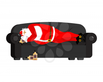 Santa Claus Sleeping drinking whiskey. Drunk Sleeps grandfather. Christmas rest. New Year Vector Illustration

