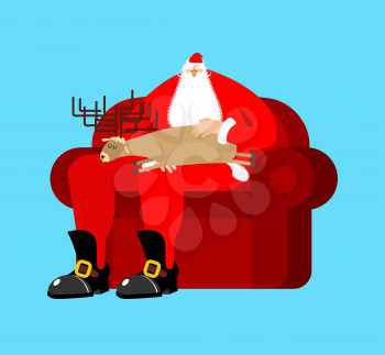 Santa Claus on chair stroking deer sleep. Christmas and New Year Vector Illustration