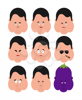 Fat set emotion avatar. sad and angry face. guilty and sleeping. Stout guy sleeping emoji face. Ewe Eggplant. Vector illustration