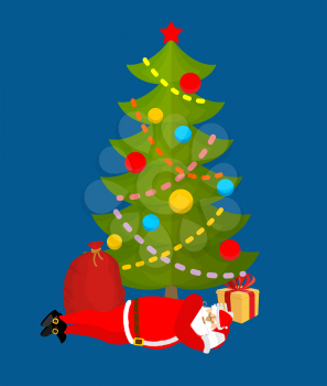 Santa Claus Sleeping under Christmas tree. Sleeping grandfather. Christmas New Year illustration
