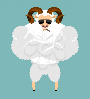 Ram Strong Cool serious. Sheep smoking cigar emoji. Farm animal strict. Vector illustration