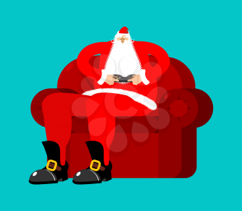 Santa play video games. Claus and joystick. grandfather on chair with gamepad. Christmas rest. New Year Vector Illustration
