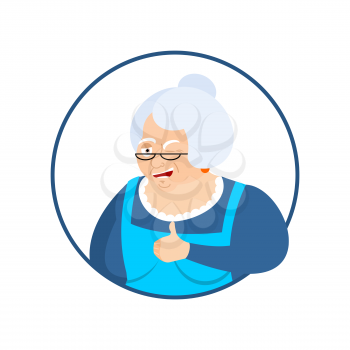 Grandmother thumbs up and winks emoji. Grandma happy emoji. Happy old Lady. Vector illustration