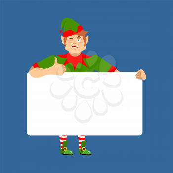 Santa Elf holding banner blank. Christmas helper and white blank. thumb up and winks joyful emotion. place for text. Vector illustration