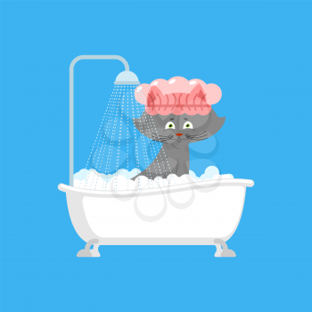 Cat in bath. Pet is washed. Vector illustration
