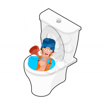 Plumber in toilet and plunger. Service of WC. Vector illustration
