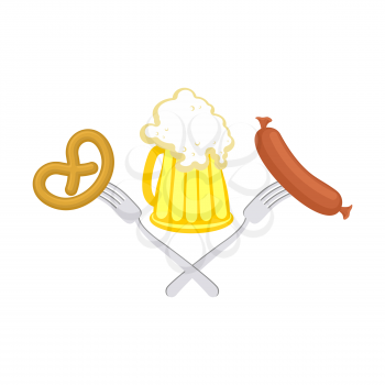 Oktoberfest symbol of beer, sausage and pretzel. Sign National Holiday of beer in Germany. Alcohol and cracker
