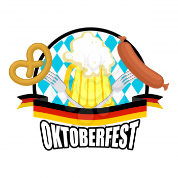 Oktoberfest logo. beer, sausage and pretzel. Sign National Holiday of beer in Germany. Alcohol and cracker. Blue rhombuses and ribbon flag of Germany
