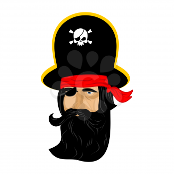 Pirate portrait in hat. Eye patch and smoking pipe. filibuster cap. Bones and Skull. Head corsair black beard. 
