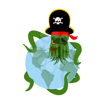 Octopus pirate and earth. poulpe buccaneer and planet. Eye patch and smoking pipe. pirates cap. Bones and See animal filibuster