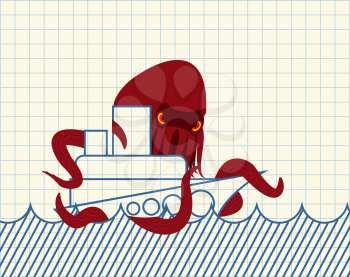 Octopus and ship drawn. Vessel and monster. Scary poulpe. Notebook