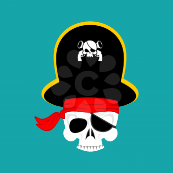 Skull Pirate portrait in hat. Eye patch. filibuster cap. skeleton corsair  

