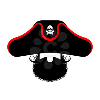 Pirate portrait in hat. Eye patch and smoking pipe. filibuster cap. Bones and Skull. Head corsair black beard.